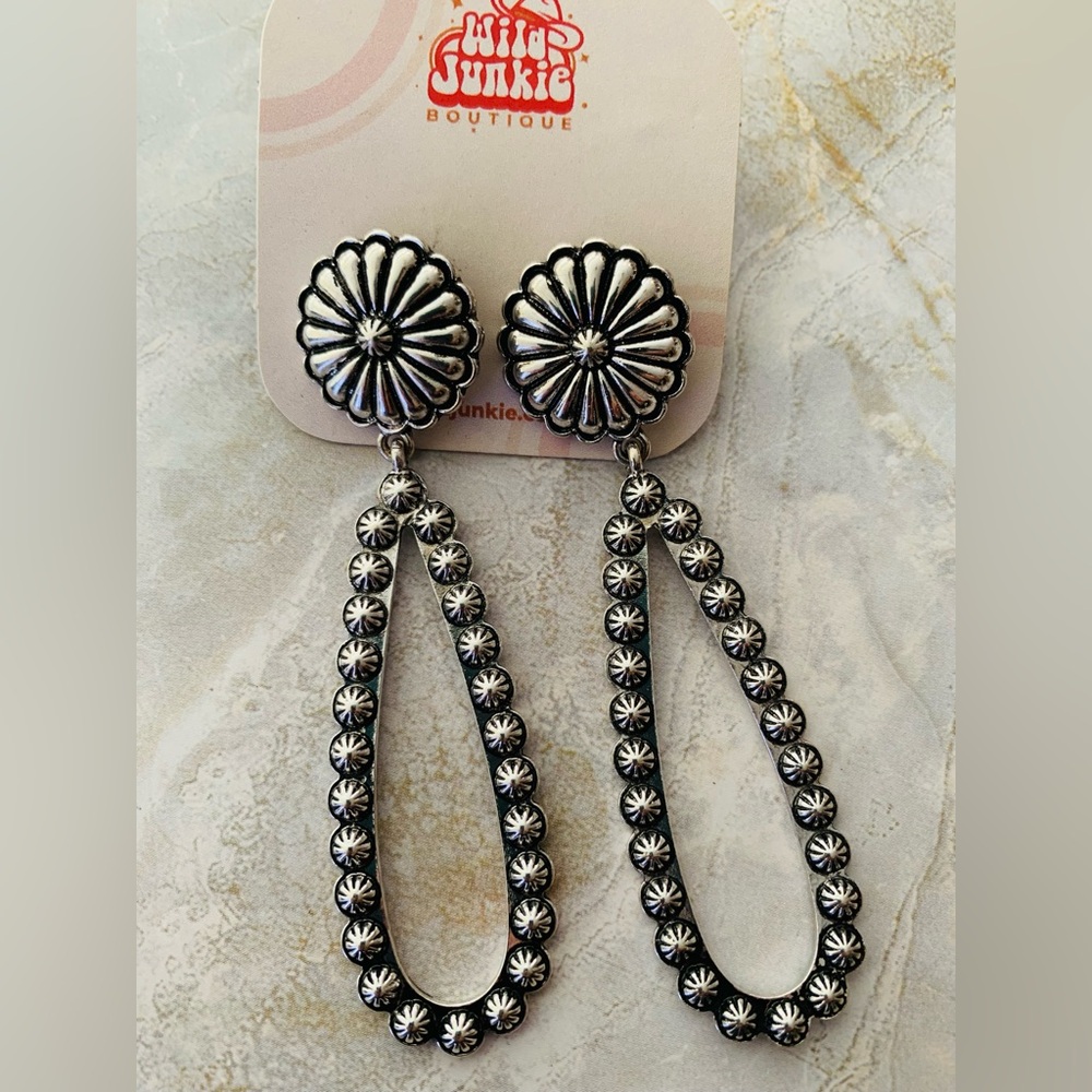 Silver Sunburst Concho Drop Earrings New